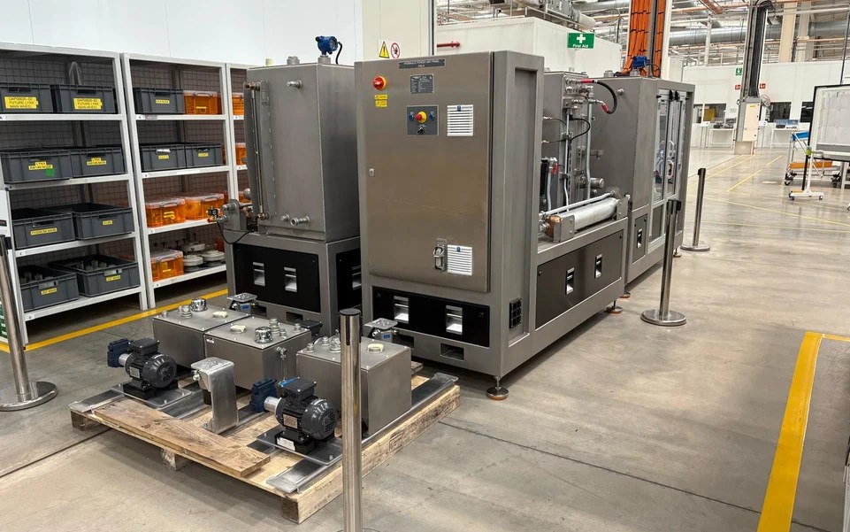 Stainless hydraulic power unit and pump skids on the shop floor
