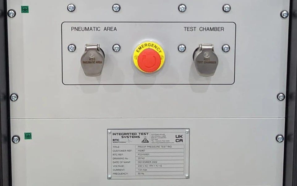 Emergency-stop and key-switch safety panel on an RTC test rig