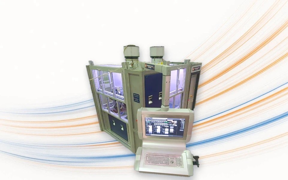 RTC production-acceptance rig with live operator software on screen